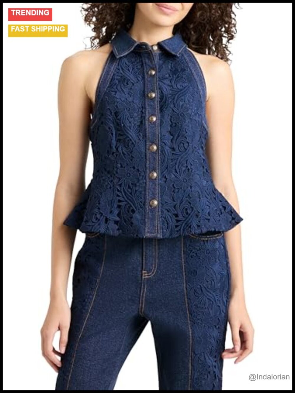 Denim Halter Top With Lace Details Button Front Hidden Side Zip